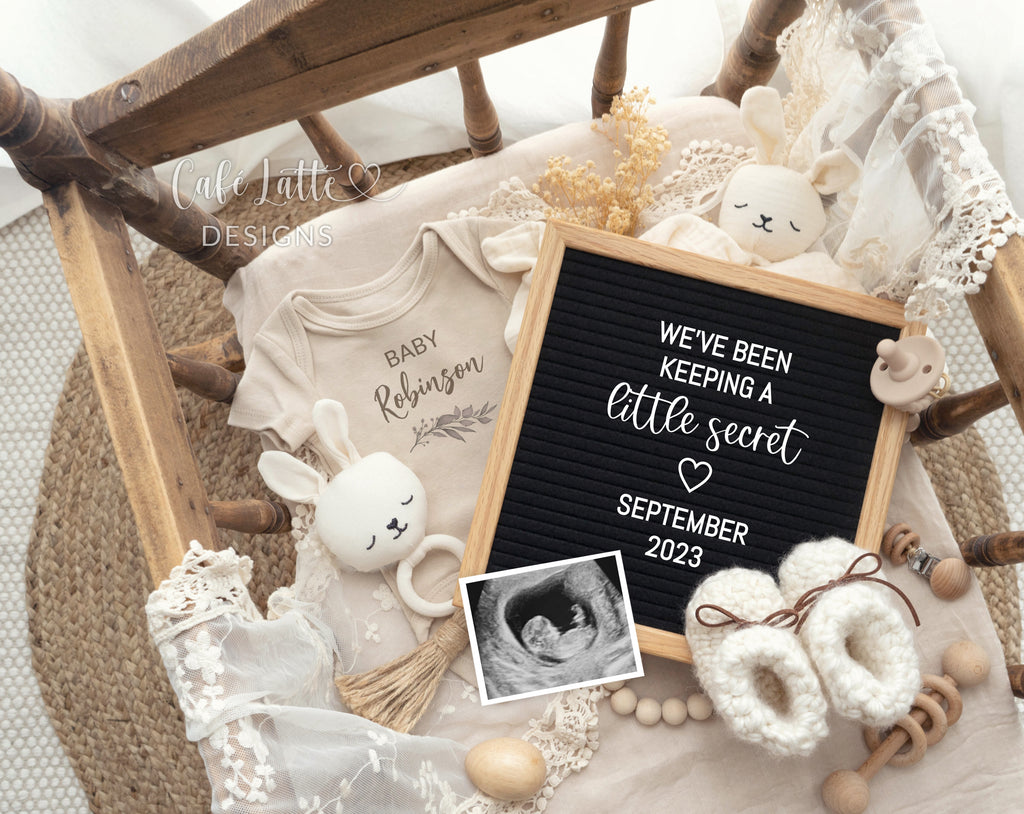 Gender Neutral Pregnancy Announcement For Social Media, Wood Cradle Digital Template With Letter Board and Bunnies, Keeping A Secret