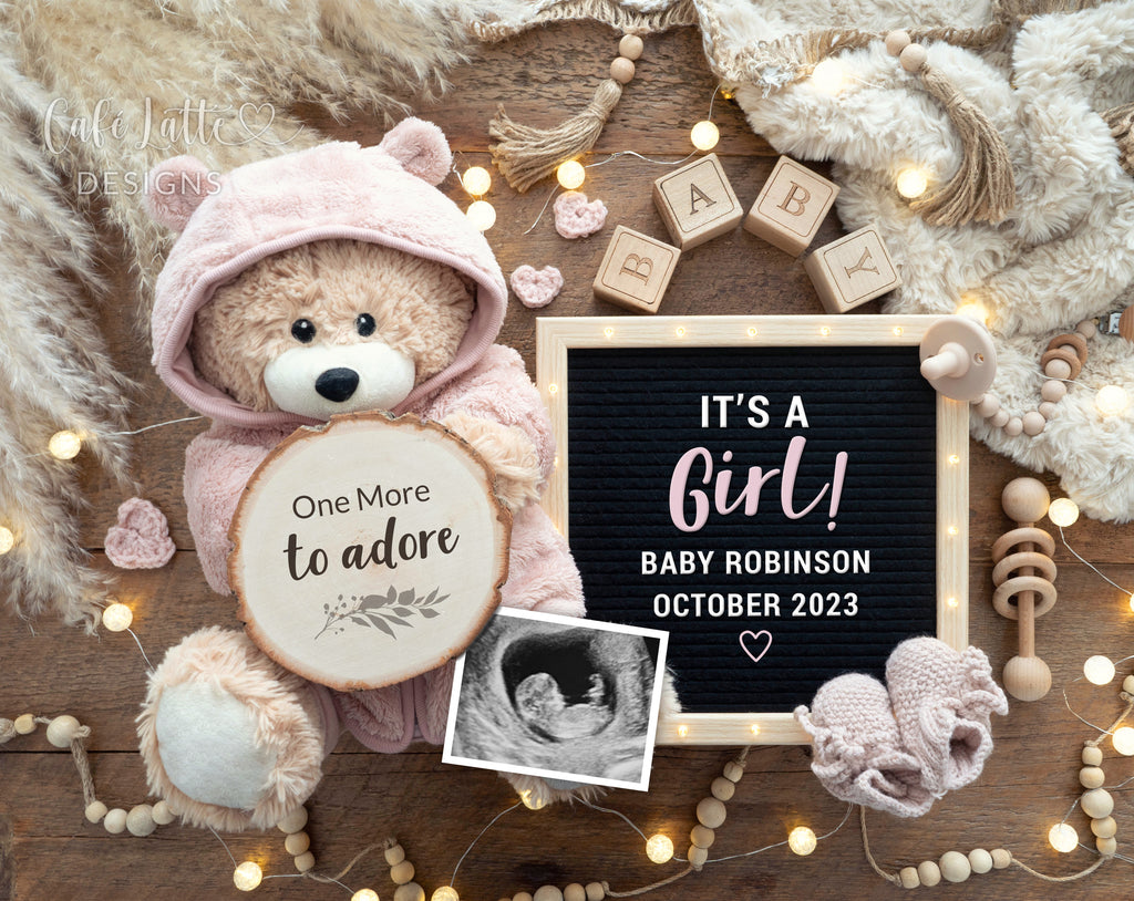 Girl gender reveal for social media, boho girl baby announcement digital image with teddy bear wearing pink outfit, letter board and pampas, its a girl, one more to adore