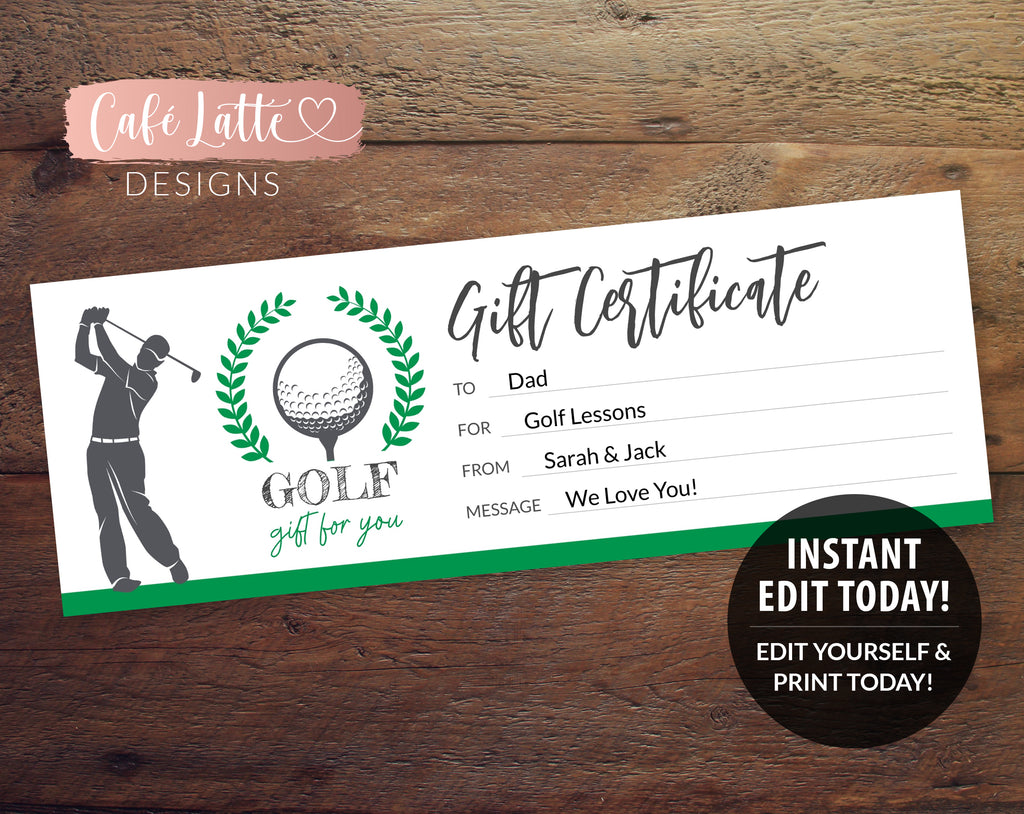 GOLF Gift Certificate Editable Template Printable, Personalized Golf Gift Coupon for Dad, Golf Lessons, Instant DIY Corjl, Last Minute Gift
