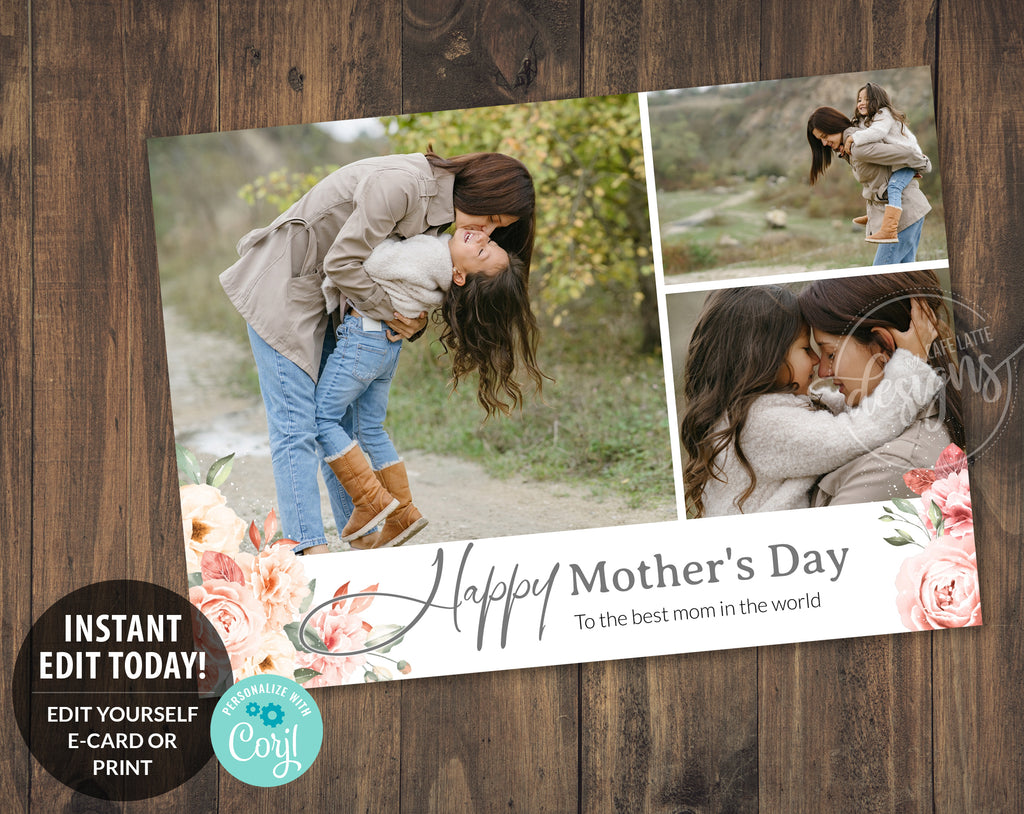 MOTHER'S DAY Photo Editable Printable Card, Personalized Card with Kids Baby Family Pics Photoshoot, Happy, Pink Flowers, 5x7, Instant DIY