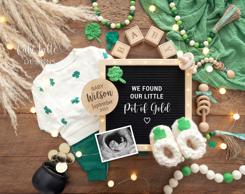 St Patricks Day Pregnancy Announcement Digital Boho St Patricks Baby Announcement With Shamrocks, Pot of Gold and Letter Board, We Found Our Little Pot of Gold