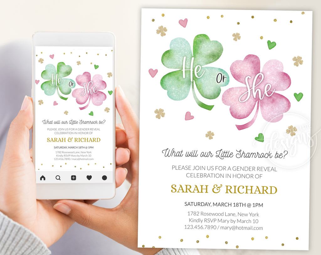 St Patrick's Day Gender Reveal Invitation, He Or She What Will Our Little Shamrock Be, Digital Editable Invitation Template