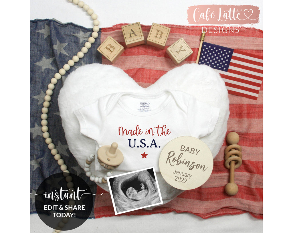 Editable Pregnancy Announcement Social Media, Made in the USA Digital Baby Announcement, Fourth of July Independence Day Baby, Printable DIY