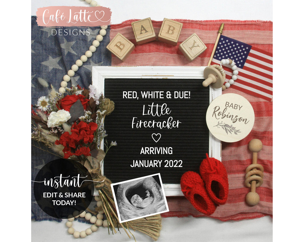 Editable Pregnancy Announcement Social Media, Red White and Due Little Firecracker Letter Board Digital, Fourth of July Baby, Printable DIY
