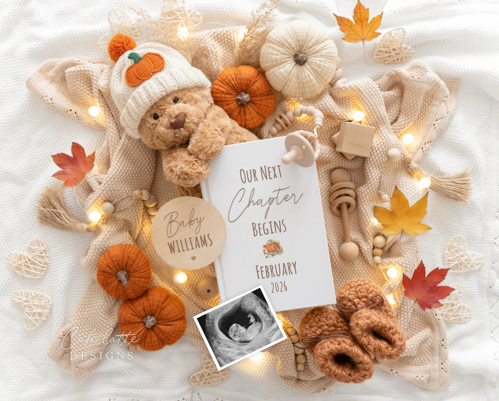 Fall pregnancy announcement digital for social media, Autumn baby announcement digital with cute bear wearing knitted pumpkin hat, book, Our Next Chapter Begins, Gender neutral fall pregnancy reveal editable template DIY, autumn baby announcement, digital fall pregnancy announcement, autumn baby, pregnancy reveal, pregnancy announcement autumn, digital pregnancy announcement, autumn baby, fall baby, baby announce