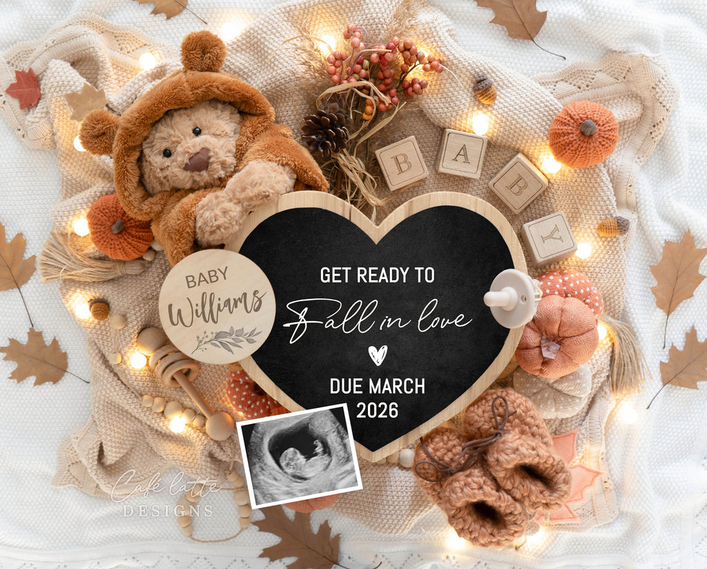 Fall pregnancy announcement digital reveal for social media, Autumn boho baby announcement digital image with heart, pampas and heart chalkboard, Gender neutral fall editable template DIY, September October Baby, Get Ready to Fall in Love