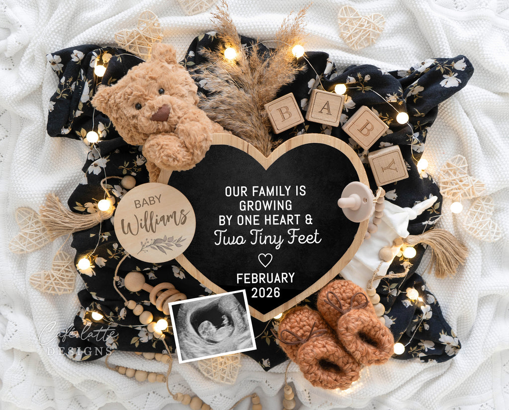 Pregnancy Announcement Digital Boho Gender Neutral Heart Chalkboard, Baby Announcement Digital Editable Template, Little Teddy Bear and Heart Chalkboard, baby announce, baby announceme, digital baby announcement, instant download baby announcement, diy baby announcement, editable baby announcement, baby reveal, pregnancy reveal, our family is growing by one heart and two tiny feet