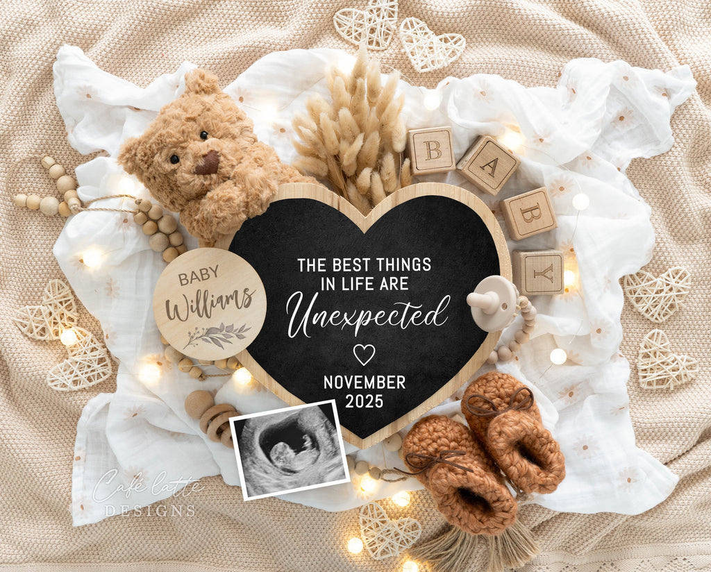 Pregnancy announcement digital, Pregnancy announcement to husband, Pregnancy announcement template, Pregnancy announcement grandparents, Pregnancy reveal, Pregnancy announcement gift, Neutral bear and heart, The Best Things in Life are Unexpected