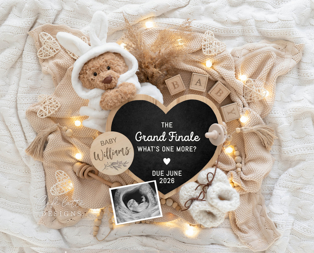 Pregnancy announcement digital, Pregnancy announcement to husband, Pregnancy announcement template, Pregnancy announcement grandparents, Pregnancy reveal, Pregnancy announcement gift, Neutral bear wearing bunny bathrobe, pampas heart chalkboard, The grand finale whats one more, Second third fourth fifth child sibling announcement, Baby 2 3 4 5, 2nd 3rd 4th pregnancy reveal