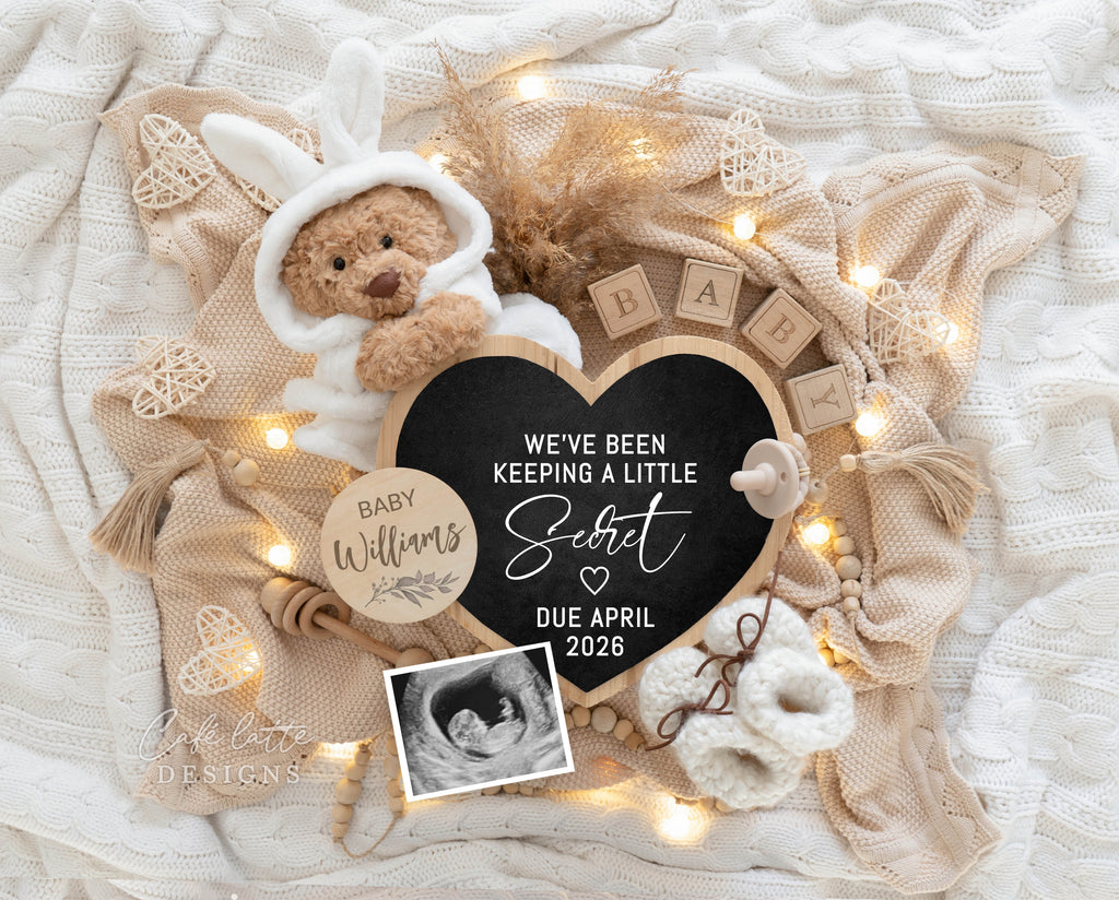 Neutral pregnancy announcement digital, Pregnancy announcement to husband, Boho pregnancy announcement template, Pregnancy announcement grandparents, Pregnancy reveal, Baby announcement digital, Neutral bear wearing bunny bathrobe and heart chalkboard, Weve been keeping a little secret, pregnancy reveal, baby reveal, digital baby announcement, digital pregnancy announcement, baby announcement, easter baby, April baby