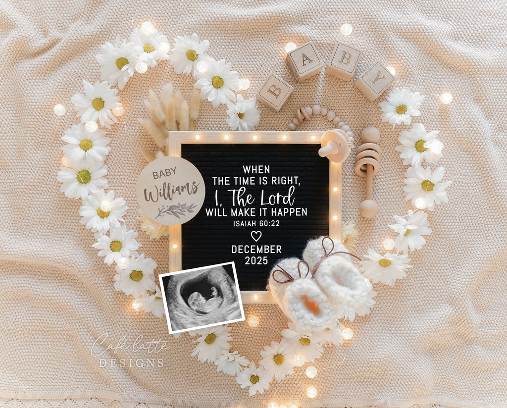 Religious pregnancy announcement digital reveal for social media, Religious baby announcement digital image with daisies in the shape of a heart, black letterboard and dried bunny tails, When the time is right I the Lord will make it happen, Isaiah 60 22, Baby editable template DIY, Boho, digital baby announcement, digital baby announce, spring baby, religious spring baby announcement, summer baby, diy baby announcement, digital baby announce, digital pregnancy announcement, baby announcement