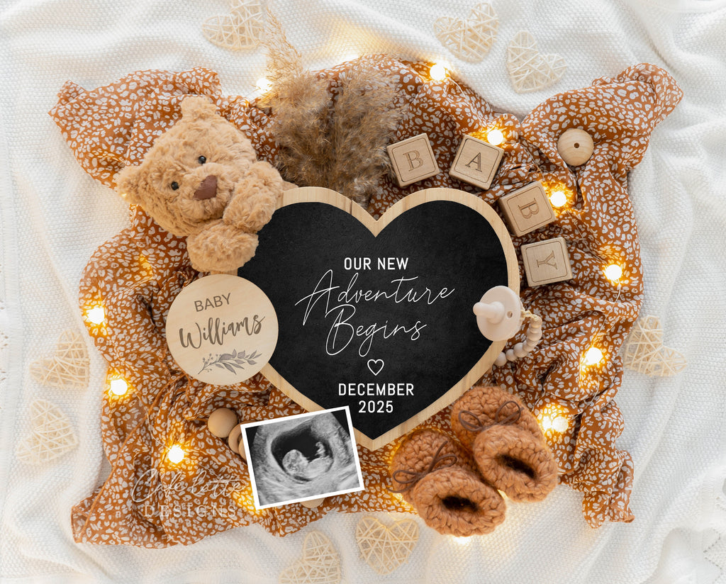 Pregnancy announcement digital, Pregnancy announcement to husband, Pregnancy announcement template, Pregnancy announcement grandparents, Pregnancy reveal, Pregnancy announcement gift, Neutral bear pampas heart board, Our New Adventure Begins