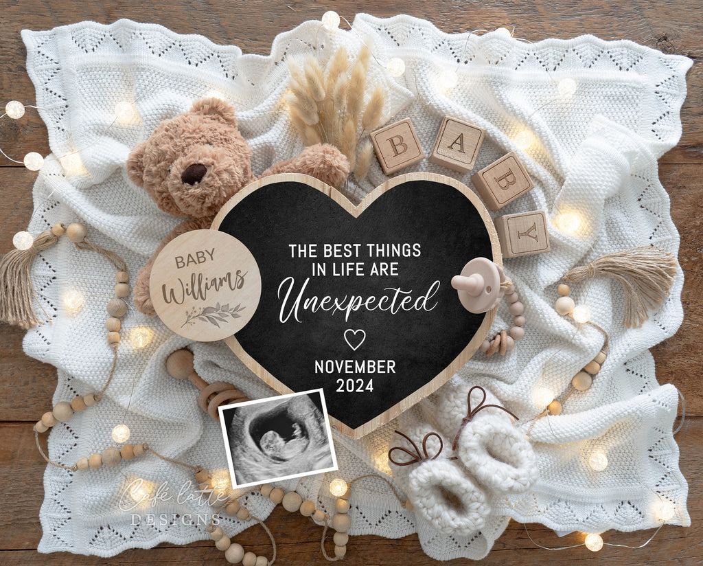 Pregnancy announcement digital, Pregnancy announcement to husband, Pregnancy announcement template, Pregnancy announcement grandparents, Pregnancy reveal, Pregnancy announcement gift, Neutral bear and heart, The Best Things in Life are Unexpected