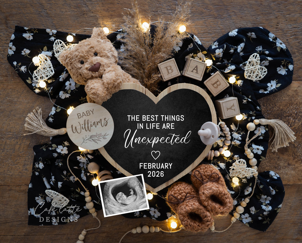 Pregnancy Announcement Digital Boho Gender Neutral Heart Chalkboard, Baby Announcement Digital Editable Template, Little Teddy Bear and Heart Chalkboard, the best things in life are unexpected, baby announce, baby announceme, digital baby announcement, instant download baby announcement, diy baby announcement, editable baby announcement, baby reveal, pregnancy reveal
