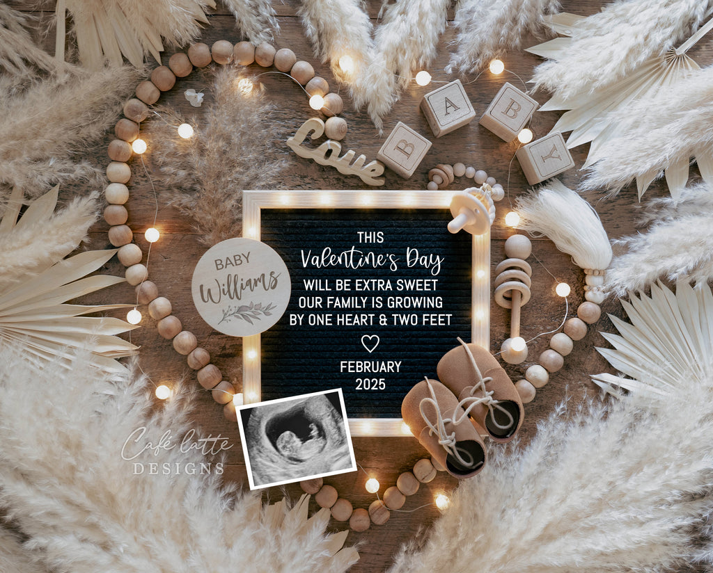 Valentines Day pregnancy announcement digital reveal for social media, Valentines digital baby announcement, heart, lighted board and pampas, Boho gender neutral announcement February, Saint-Valentine Baby announcement, Digital Baby Announcement DIY