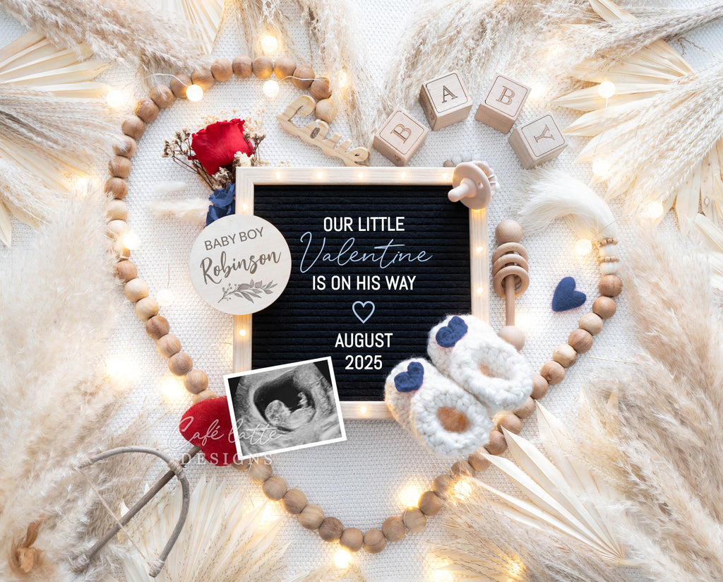 Valentine boy gender reveal digital for social media, Valentines Day boy baby pregnancy announcement, Our little Valentine is on his way, Its a boy, Heart with pampas, red rose and blue hearts, February boy gender reveal, Digital template DIY