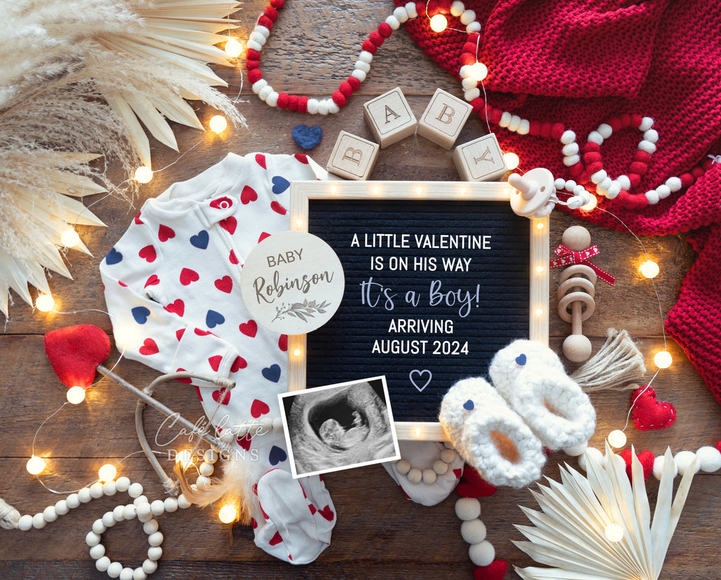 Valentines Day boy gender reveal digital pregnancy announcement for social media, Valentine boy gender reveal baby announcement image with hearts pyjama, letter board and Valentine props, A little Valentine is on his way, Its a boy, DIY template