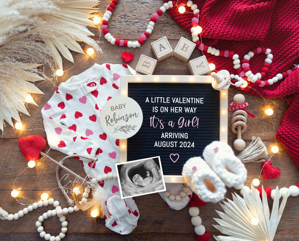 Valentines Day girl gender reveal digital pregnancy announcement for social media, Valentine girl gender reveal baby announcement image with hearts pyjama, letter board and Valentine props, A little Valentine is on her way, Its a girl, DIY template