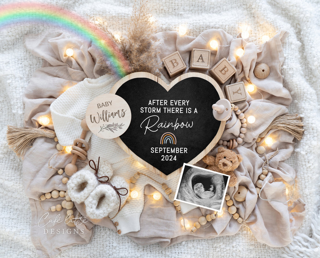 Rainbow Baby Announcement Digital Reveal For Social Media, Gender Neutral Baby Announcement Digital Image with Boho Rainbow, Heart and Chalkboard, After Every Storm There Is A Rainbow, Little teddy bear holding ultrasound