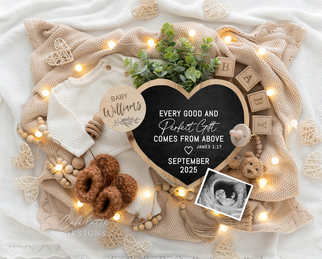 Religious pregnancy announcement digital reveal for social media, Religious baby announcement digital image with bear heart chalkboard and pampas, Every good and perfect gift comes from above, James 1:17, Baby editable template DIY, Boho, christian pregnancy announcement, religious baby announcement, instant download, editable baby announcement, bible verse baby announcement, digital pregnancy announceme, digital baby announce, diy baby announcement, baby announcement social media
