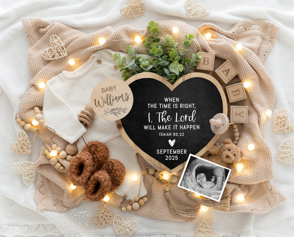 Religious pregnancy announcement digital reveal for social media, Religious baby announcement digital image with bear heart chalkboard and pampas, When the time is right I the Lord will make it happen, Isaiah 60 22, Baby editable template DIY, Boho, christian pregnancy announcement, religious baby announcement, instant download, editable baby announcement, bible verse baby announcement, digital pregnancy announceme, digital baby announce, diy baby announcement, baby announcement social media