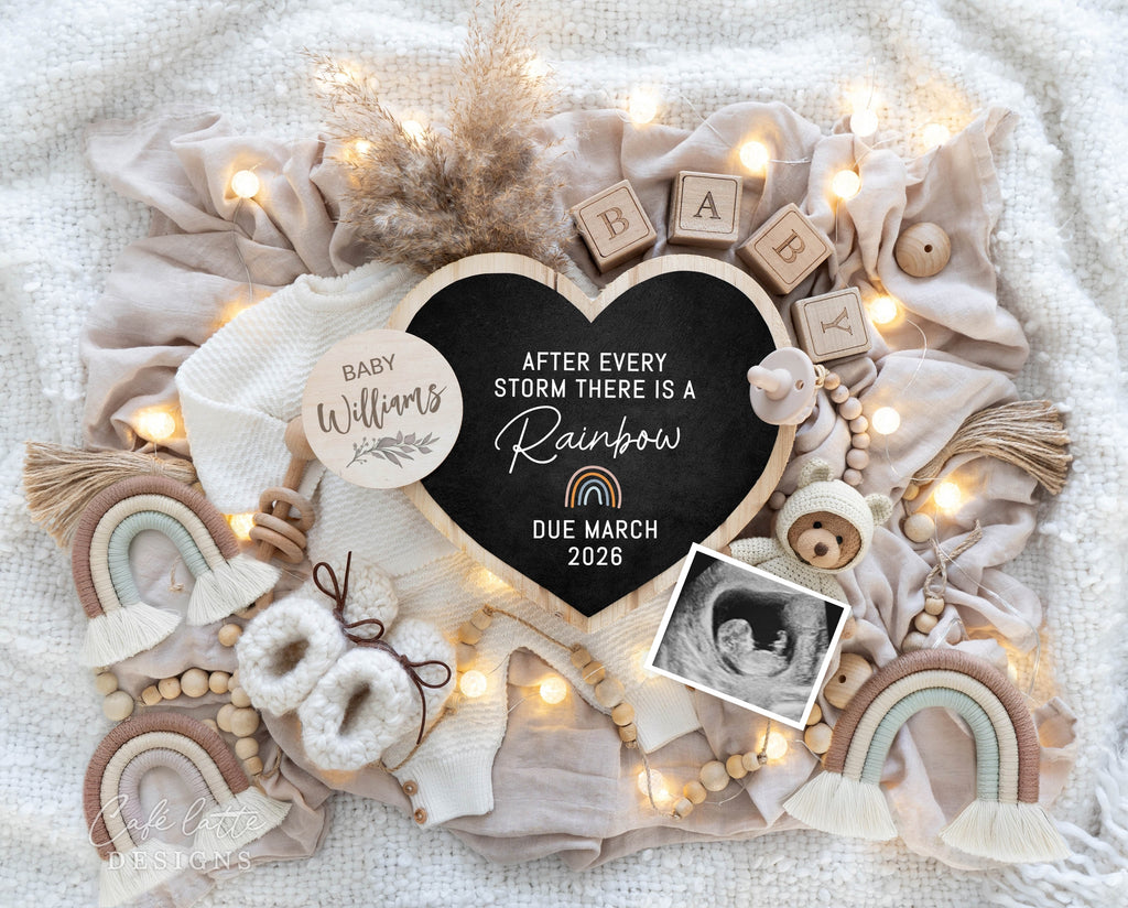 Rainbow Baby Announcement Digital Reveal For Social Media, Gender Neutral Baby Announcement Digital Image with Boho Rainbow, Heart and Chalkboard, After Every Storm There Is A Rainbow, Little teddy bear holding ultrasound