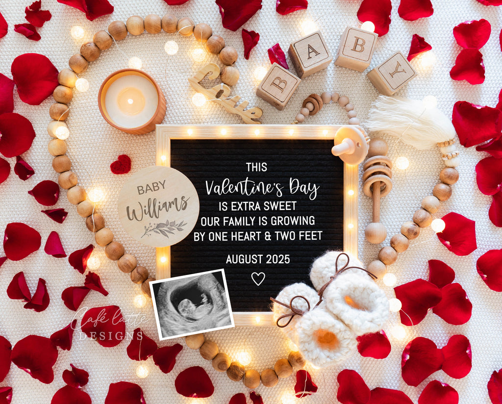 Valentines baby announcement with red rose petals, candle, lights, and baby booties. Boho pregnancy announcement digital reveal for social media, Boho baby announcement digital image, Gender neutral editable template DIY, Valentines Day baby
