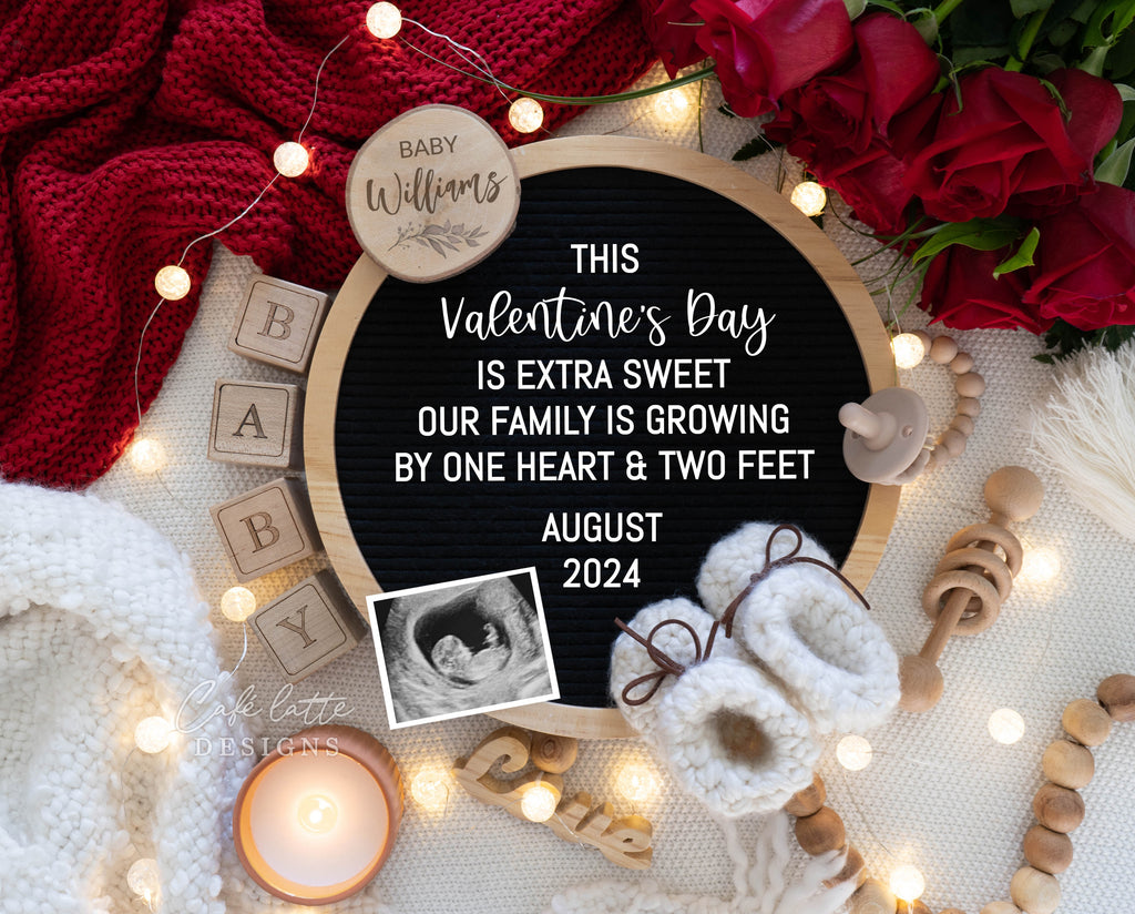 Valentines baby announcement with red roses, candle, lights, and baby booties. Boho pregnancy announcement digital reveal for social media, Boho baby announcement digital image, Gender neutral editable template DIY, Valentines Day baby, Editable, DIY