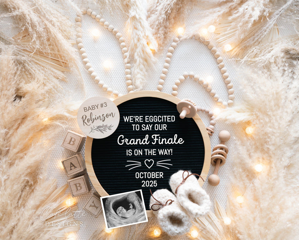 Easter Pregnancy Announcement Digital Boho Reveal For Social Media, We are eggcited to say our grand finale is on the way, Circle Letter Board, Boho Pampas Bunny Ears Baby Announcement Digital Editable Template, Second third fourth child sibling pregnancy reveal, Baby 2 3 4 announcement, Last child, baby announcement, digital baby announcement, digital pregnancy announcement, baby announceme, grand finale baby announcement, diy baby announcement, easter baby, spring baby announcement, baby