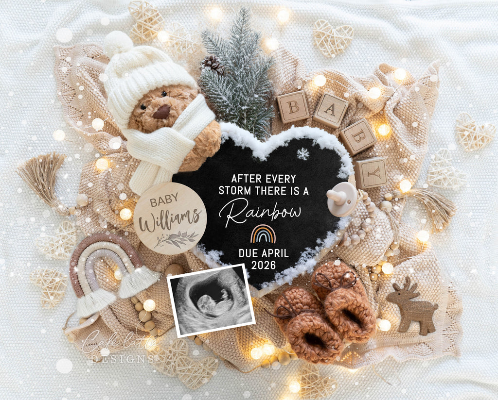 Rainbow pregnancy announcement digital for social media, Winter baby announcement digital with heart chalkboard, little bear wearing knitted scarf and hat, macrame rainbow and Christmas decorations, Rainbow baby reveal, Christmas pregnancy reveal editable template, After every storm there is a rainbow, baby announcement, baby announce, pregnancy announcement, baby reveal, pregnancy reveal