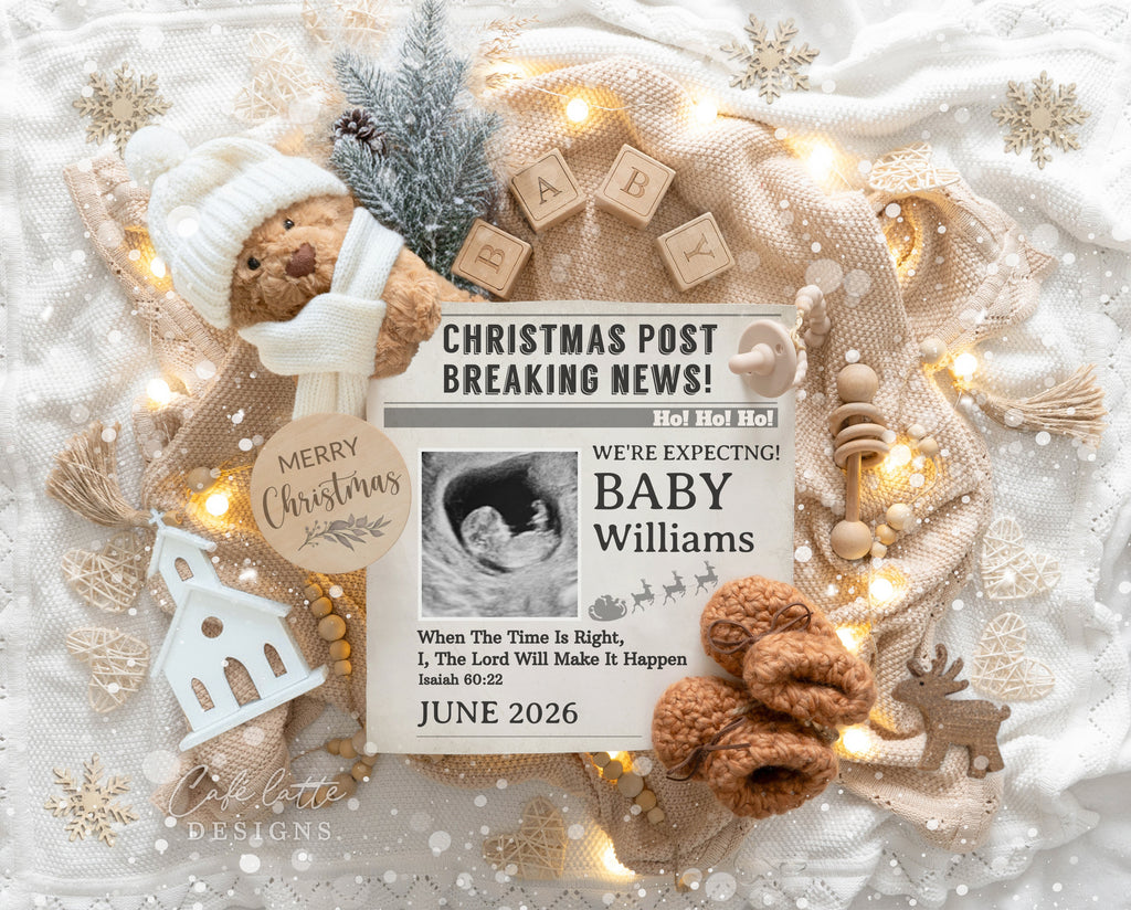 Christmas pregnancy announcement, holiday pregnancy reveal, boho pregnancy announcement, gender neutral pregnancy reveal, editable pregnancy template, printable baby announcement, social media pregnancy reveal, digital download, Corjl template, Isaiah 60:22, Christian pregnancy announcement, Christmas baby reveal, rustic boho decor, winter pregnancy announcement.