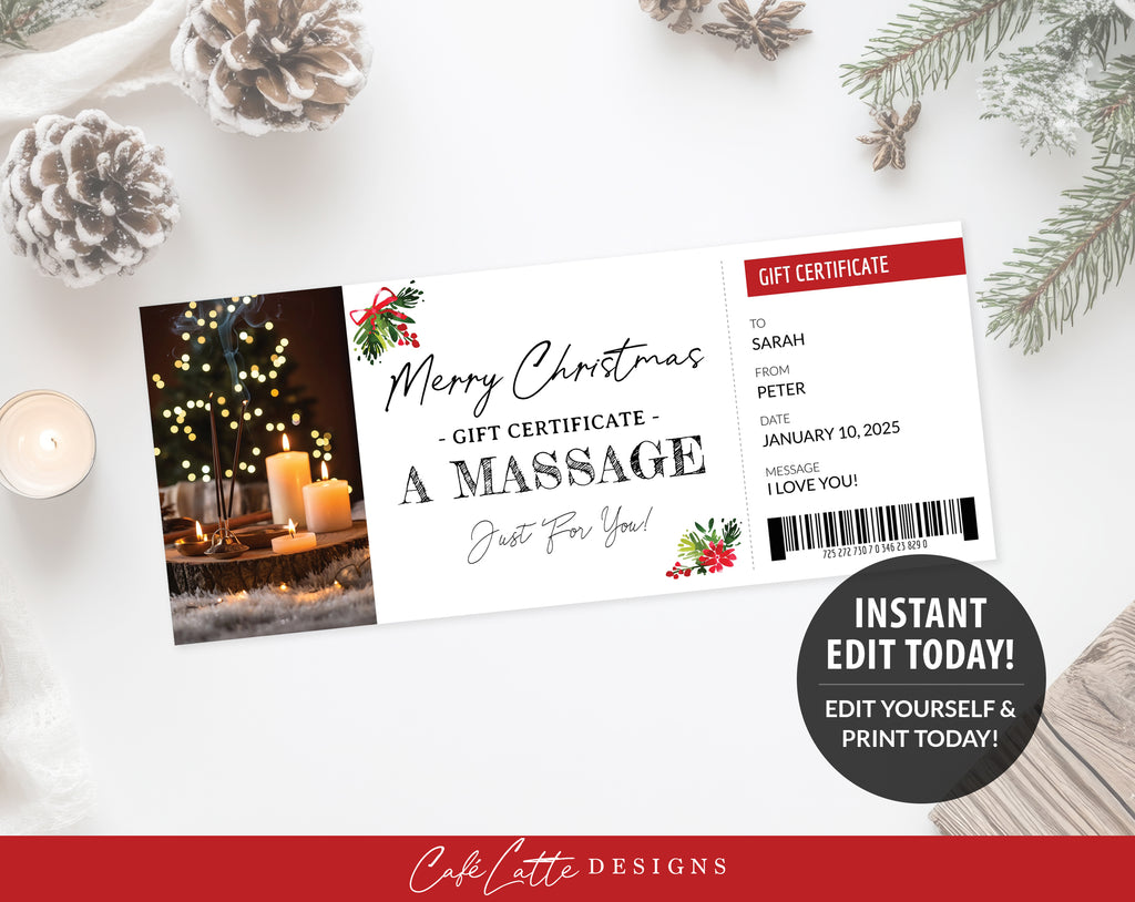 Christmas massage gift certificate printable, Christmas massage gift certificate editable template, Christmas surprise gift coupon card DIY, Last minute Christmas gift idea, Christmas massage spa gift for husband wife boyfriend girlfriend couple