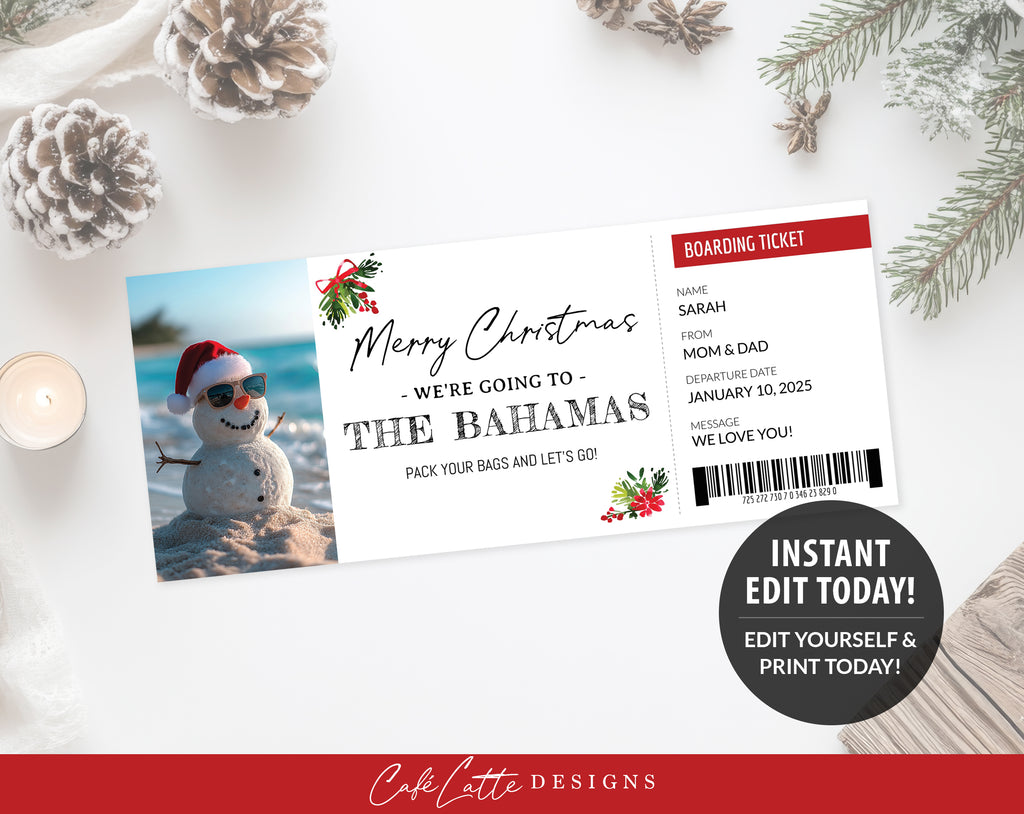 Christmas travel gift certificate printable, Christmas vacation gift certificate editable template, Christmas surprise gift coupon card DIY, Last minute Christmas gift idea, Christmas beach snowman gift for husband wife boyfriend girlfriend kids