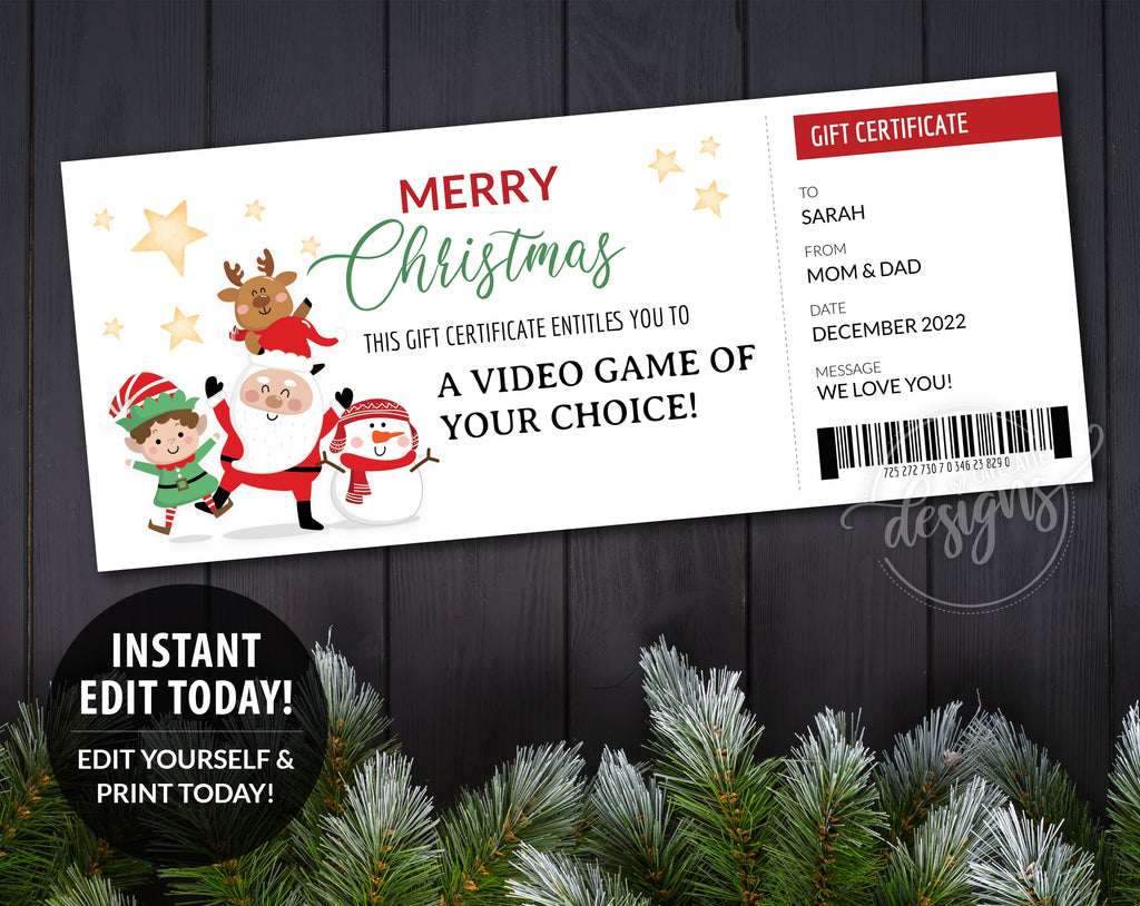 Christmas gift certificate editable printable template, Christmas gift voucher for kids, teens, adults, Christmas gift card editable DIY, Christmas surprise last minute original gift idea, Fillable Christmas gift certificate with Santa, elf, reindeer and snowman
