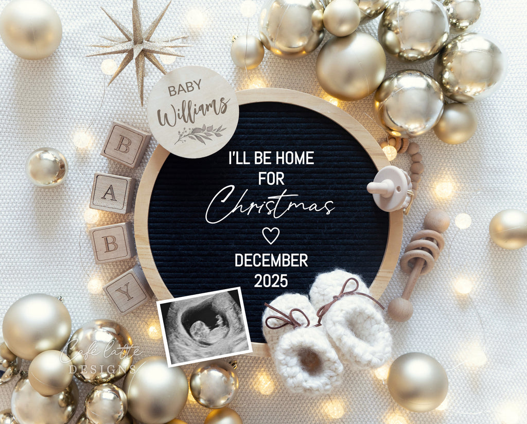 Christmas pregnancy announcement digital reveal for social media, Christmas baby announcement digital image with gold ornaments and circle letterboard, Ill be home for Christmas, baby announcement, pregnancy announcement, digital baby announcement, digital pregnancy announcement, baby announcement to husband, instant download baby announcement, editable baby announcement, Christmas baby announcement social media, baby announce, baby announceme, baby announcement to family, pregnancy announcement