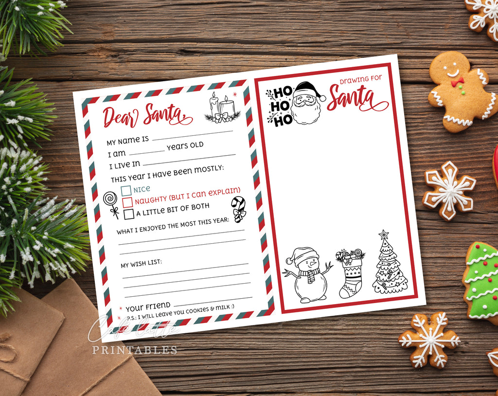 Christmas letter to Santa printable, Christmas drawing for Santa from kids printable digital instant download, Red green white stripes Christmas letter mailed to Santa, Last minute Christmas letter for Santa Claus from toddler baby, School printable for teachers Christmas fun colouring page drawing DIY, Naughty or nice wish gift list for Santa