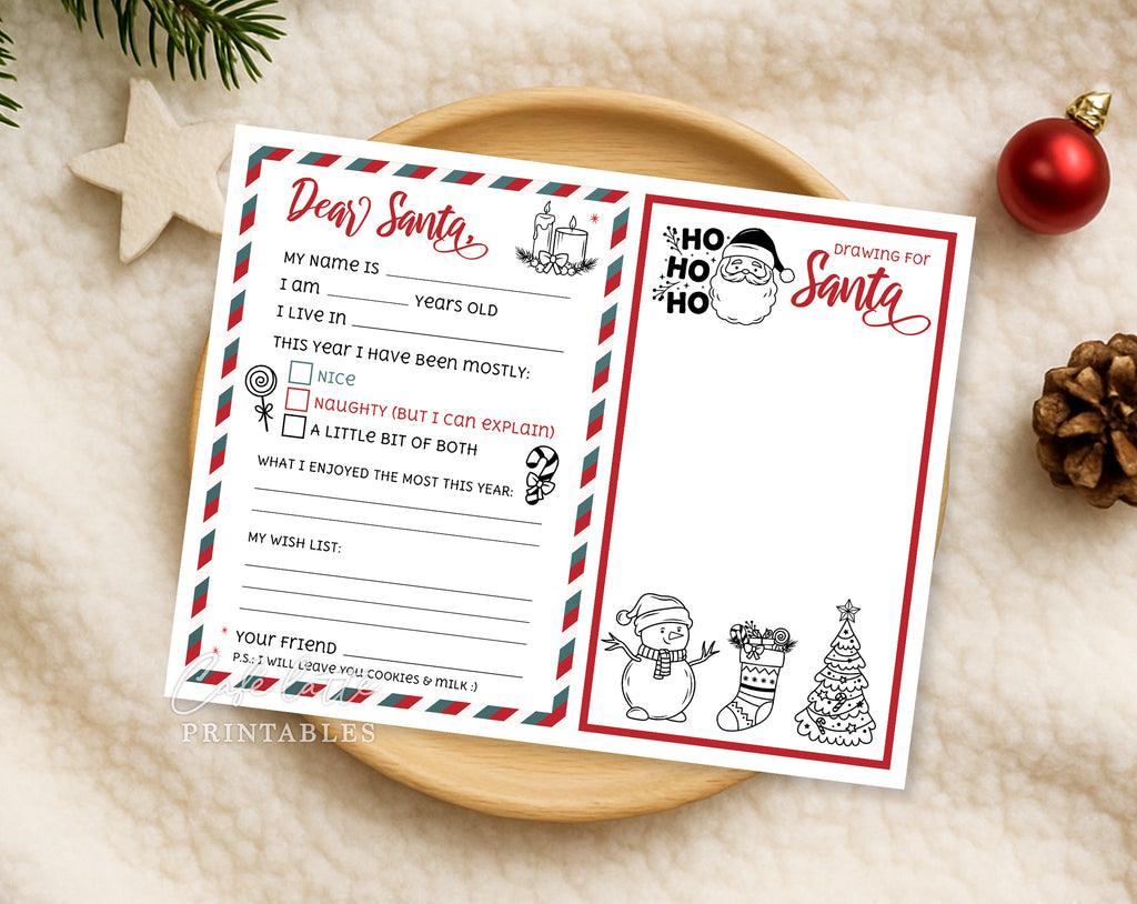 Christmas letter to Santa printable, Christmas drawing for Santa from kids printable digital instant download, Red green white stripes Christmas letter mailed to Santa, Last minute Christmas letter for Santa Claus from toddler baby, School printable for teachers Christmas fun colouring page drawing DIY, Naughty or nice wish gift list for Santa