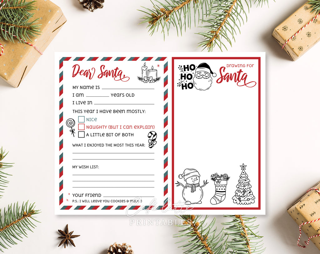 Christmas letter to Santa printable, Christmas drawing for Santa from kids printable digital instant download, Red green white stripes Christmas letter mailed to Santa, Last minute Christmas letter for Santa Claus from toddler baby, School printable for teachers Christmas fun colouring page drawing DIY, Naughty or nice wish gift list for Santa