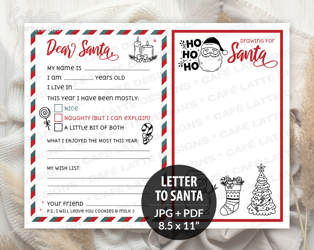 Christmas letter to Santa printable, Christmas drawing for Santa from kids printable digital instant download, Red green white stripes Christmas letter mailed to Santa, Last minute Christmas letter for Santa Claus from toddler baby, School printable for teachers Christmas fun colouring page drawing DIY, Naughty or nice wish gift list for Santa