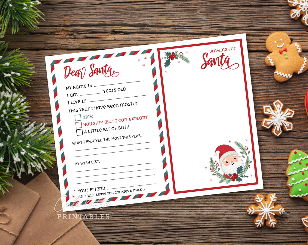 Christmas letter to Santa printable, Christmas drawing for Santa from kids printable digital instant download, Red green white stripes Christmas letter mailed to Santa, Last minute Christmas letter for Santa Claus from toddler baby, School printable for teachers Christmas fun drawing DIY, Naughty or nice wish list for Santa
