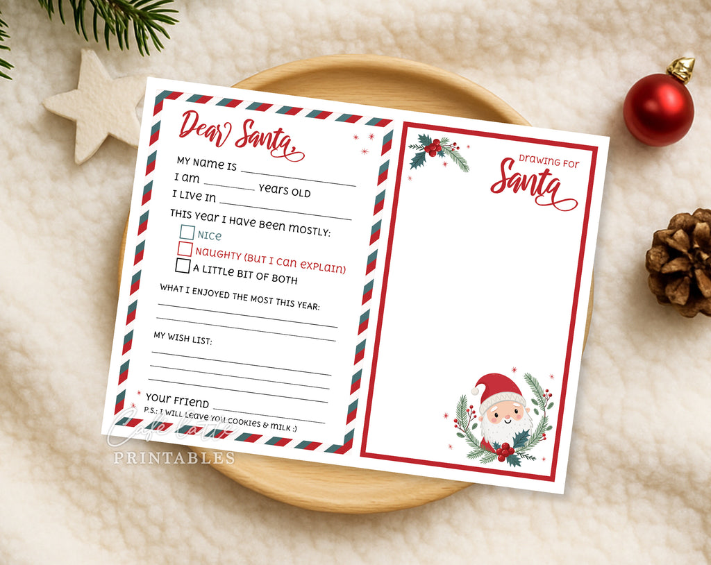 Christmas letter to Santa printable, Christmas drawing for Santa from kids printable digital instant download, Red green white stripes Christmas letter mailed to Santa, Last minute Christmas letter for Santa Claus from toddler baby, School printable for teachers Christmas fun drawing DIY, Naughty or nice wish list for Santa