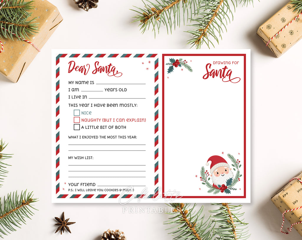 Christmas letter to Santa printable, Christmas drawing for Santa from kids printable digital instant download, Red green white stripes Christmas letter mailed to Santa, Last minute Christmas letter for Santa Claus from toddler baby, School printable for teachers Christmas fun drawing DIY, Naughty or nice wish list for Santa