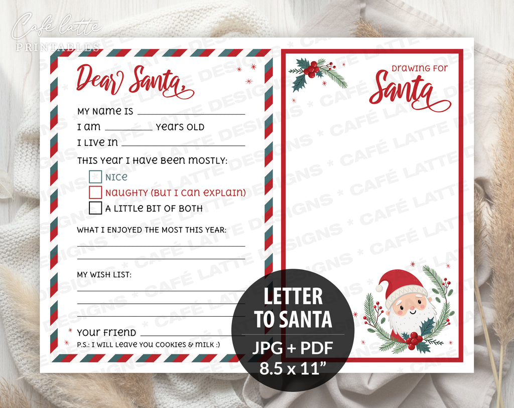 Christmas letter to Santa printable, Christmas drawing for Santa from kids printable digital instant download, Red green white stripes Christmas letter mailed to Santa, Last minute Christmas letter for Santa Claus from toddler baby, School printable for teachers Christmas fun drawing DIY, Naughty or nice wish list for Santa
