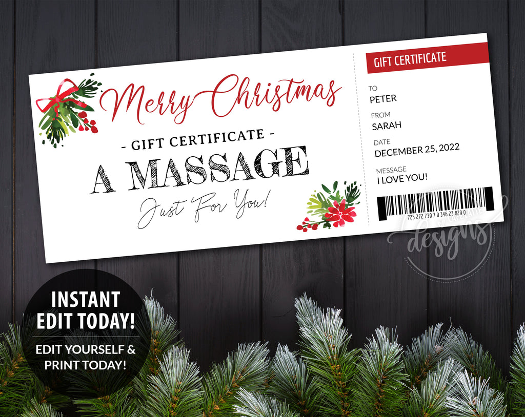 Christmas massage gift certificate editable template DIY, Christmas coupon voucher for a massage, Massage company gift card, Printable massage gift coupon, Last minute Christmas gift idea, Original Christmas printable gift