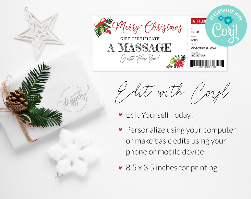 Christmas massage gift certificate editable template DIY, Christmas coupon voucher for a massage, Massage company gift card, Printable massage gift coupon, Last minute Christmas gift idea, Original Christmas printable gift