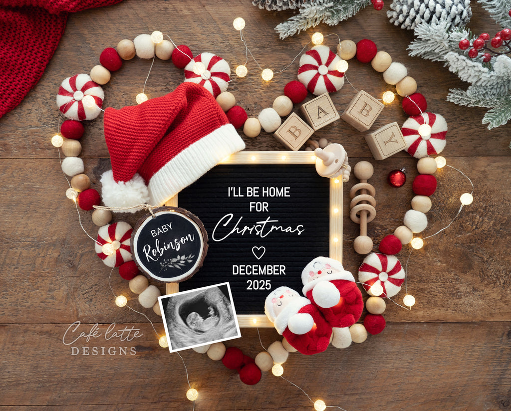 Christmas pregnancy announcement digital reveal for social media, Christmas baby announcement digital image with letter board, heart, peppermint candy and Santa hat, Santa isnt the only one coming to town, Gender neutral editable template DIY, Winter, Instant Download