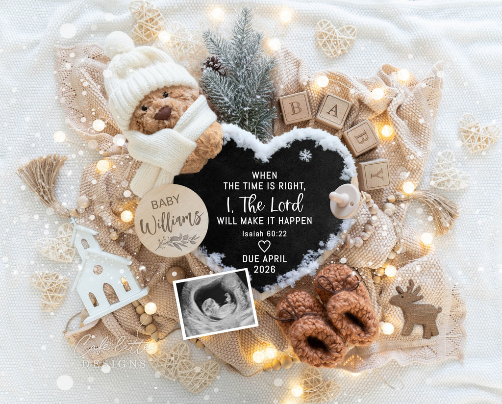 Christmas pregnancy announcement, holiday pregnancy reveal, boho pregnancy announcement, gender neutral pregnancy reveal, editable pregnancy template, printable baby announcement, social media pregnancy reveal, digital download, Corjl template, Isaiah 60:22, Christian pregnancy announcement, Christmas baby reveal, rustic boho decor, winter pregnancy announcement.