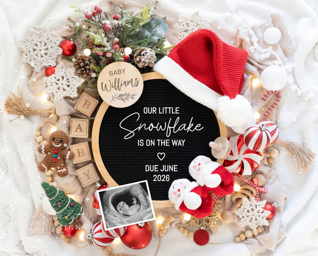 Christmas pregnancy announcement, gender neutral pregnancy reveal, boho pregnancy announcement, editable pregnancy announcement, printable pregnancy reveal, holiday baby announcement, circle letter board announcement, digital pregnancy reveal template, Corjl pregnancy announcement, baby reveal social media template, Christmas baby reveal photo, Christmas letter board pregnancy, winter pregnancy announcement, Santa baby, Christmas baby announcement template, our little snowflake is on the way