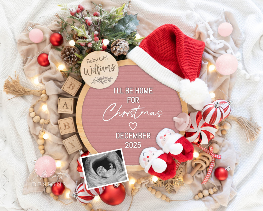 Christmas girl gender reveal pregnancy announcement digital for social media, Christmas baby girl announcement digital with pink circle letter board and Santa booties, Gender reveal winter pregnancy reveal editable template, Ill be home for Christmas, instant download, digital baby announcement, digital baby announce, digital baby announceme, pregnancy announcement, pregnancy announce, Christmas baby announcement ideas, Christmas baby announcement diy