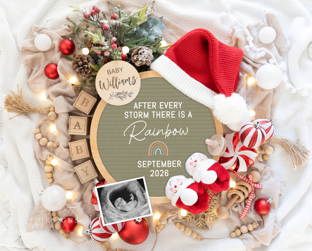 Christmas rainbow baby digital reveal for social media, Christmas rainbow baby announcement digital image with Santa hat, boho rainbow, rainbow baby, After every storm there is a rainbow, Christmas Rainbow baby editable template DIY